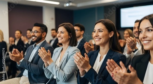Fototapeta Diverse group of professionals applauding in a modern conference room setting smiling faces