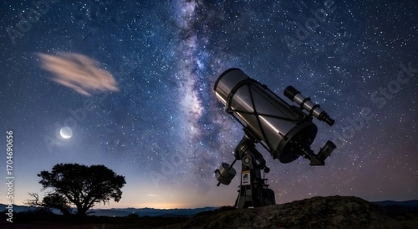 Fototapeta Telescope points towards the Milky Way crescent moon and a silhouetted tree under a starry night sky