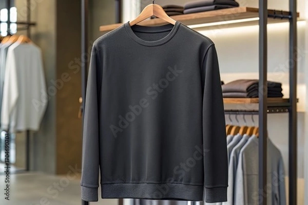 Fototapeta Dark gray crewneck sweatshirt hanging in a retail store display