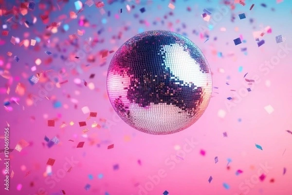 Fototapeta Shiny disco ball floating surrounded by colorful confetti with vibrant pink and blue gradient background, creating festive and joyful atmosphere