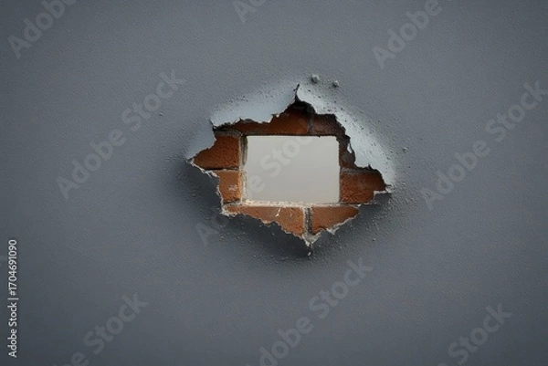 Fototapeta Rough hole in gray wall exposing underlying red bricks with jagged edges and a rectangular opening