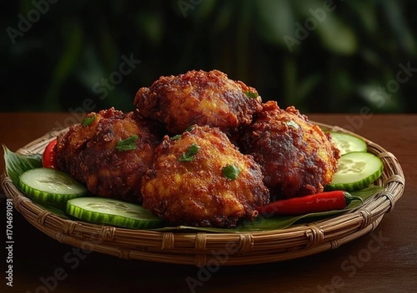 Fototapeta Plate of crispy fried fritters garnished with fresh green herbs served alongside sliced cucumbers and red chili on a woven platter with a leaf base