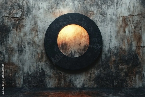 Fototapeta round glowing wall light fixture mounted on textured rustic concrete wall casting warm ambient light