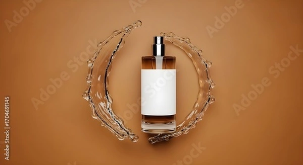 Fototapeta Minimalist luxury perfume bottle isolated on a solid, warm amber background. The bottle is a simple, clean glass cylinder with a stark white label. A perfectly shaped, cohesive splash of clear liquid 