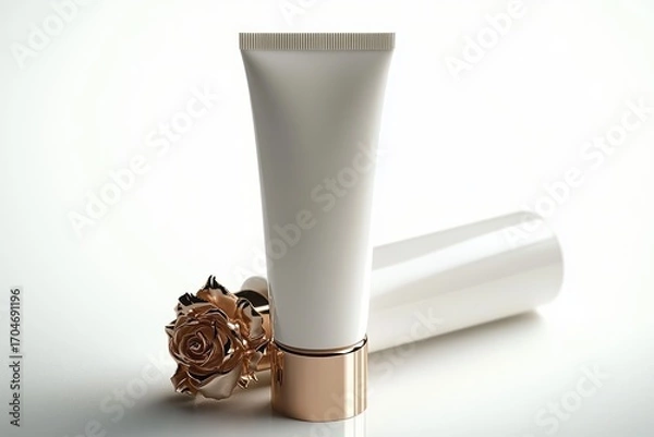 Fototapeta Minimalistic beauty product tube standing upright next to an elegant metallic rose with a soft shadow on white background