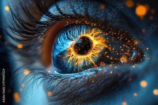 Fototapeta Close-up of a human eye with vibrant blue iris and fiery orange glowing particles swirling around the pupil, creating a mystical and intense visual effect