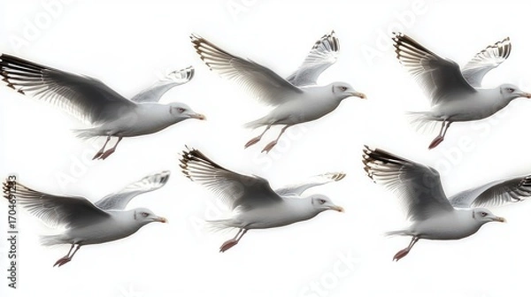 Fototapeta group of six seagulls flying against a bright white background displaying graceful wing movements and focused expressions
