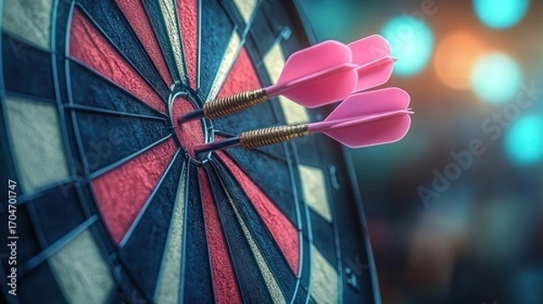 Fototapeta close-up view of two pink darts hitting the bullseye of a dartboard with a blurred colorful background, symbolizing precision and success