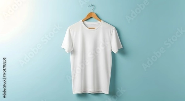 Obraz Blank white t-shirt on wooden hanger against blue wall. Soft lighting creates shadows and highlights the fabric's texture. Simple and clean composition.