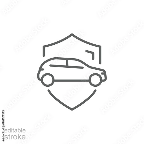 Fototapeta Shield and car icon. Simple outline style. Safety, protect, safe, secure, vehicle, auto, transport, insurance concept. Thin line symbol. Isolated design editable stroke.