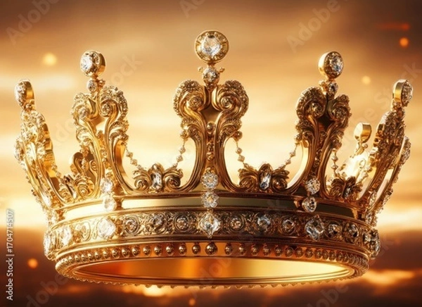 Fototapeta ornate gold crown with intricate floral and scroll designs set with sparkling large diamonds floating against a warm glowing sky background