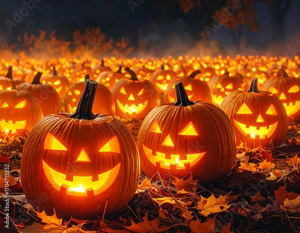 Fototapeta Pumpkin Patch with Glowing Jack-o'-Lanterns
