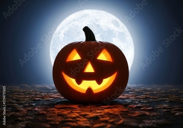 Fototapeta A glowing jackolantern sits ominously in front of a large full moon on a spooky night