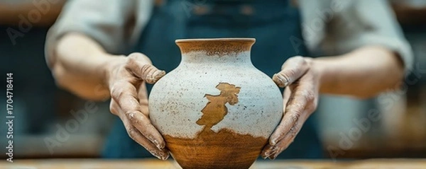 Fototapeta Close-up of hands holding a crafted ceramic pot with textured brown and beige colors, showcasing the art and care of pottery making