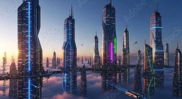 Fototapeta Futuristic metropolis reflecting on clouds showcases technological advancements and urban