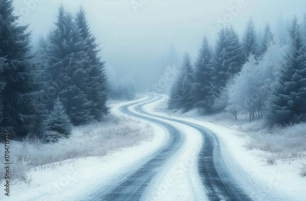 Fototapeta Snow-covered winding road through a dense frosty evergreen forest on a foggy winter day, evoking a serene and quiet atmosphere