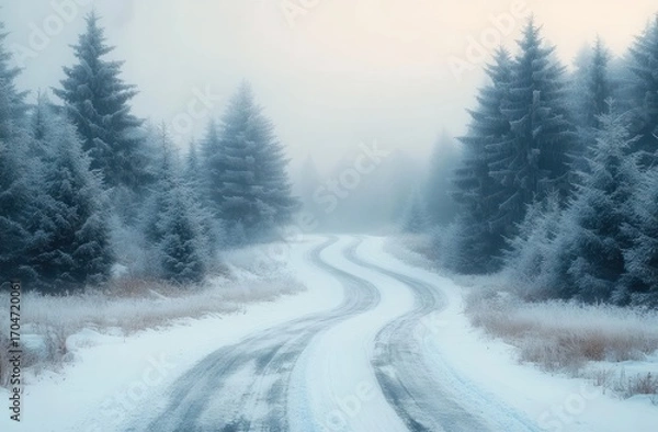 Fototapeta snow-covered winding road through frosty evergreen forest trees in a serene winter foggy landscape