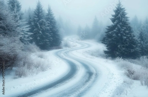 Fototapeta A winding snow-covered road surrounded by frosted evergreen trees in a foggy winter landscape