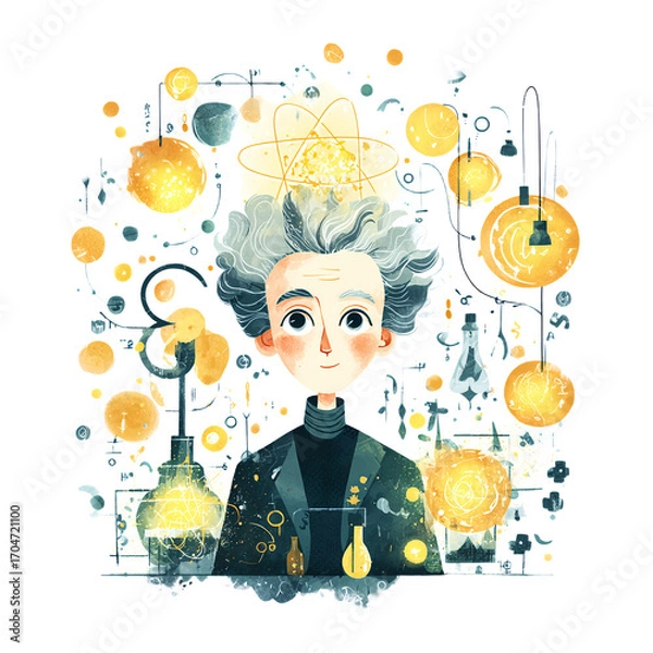 Fototapeta Cartoon illustration of Marie Curie, surrounded by scientific elements, front view.


