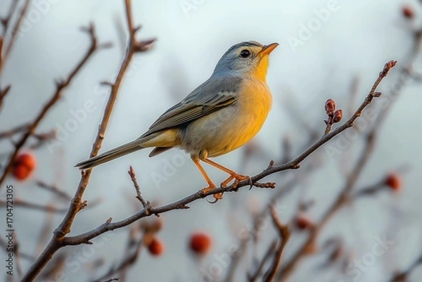 Fototapeta Small bird perched on a bare branch with blurred background and soft natural lighting
