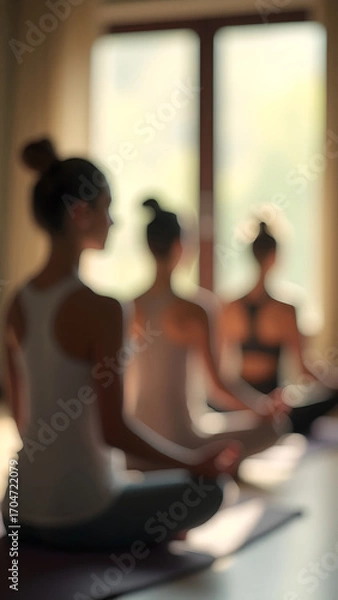 Fototapeta Blurred view of yoga studio with people meditating or doing gentle yoga poses on wooden floor. Suitable for health and wellness, vertical shot.