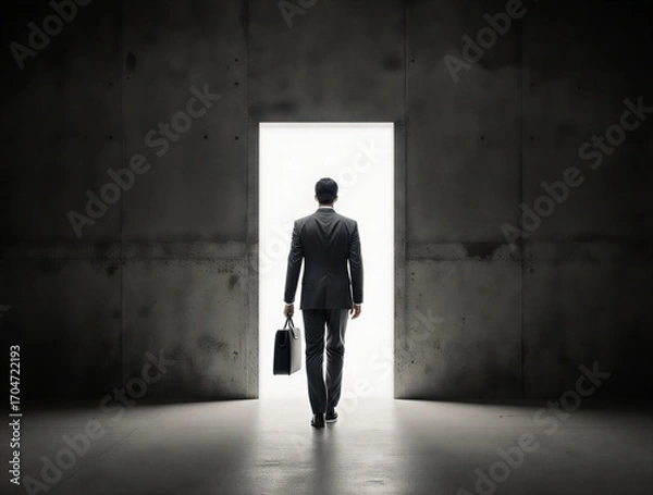 Fototapeta man walking towards light, symbolizing hope and future possibilities through an open door | business, motivation, hope, future, career theme