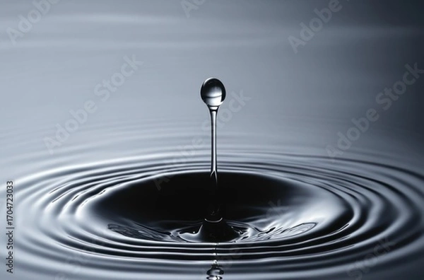 Fototapeta Close-up of a single water droplet suspended above the surface creating concentric ripples on calm water