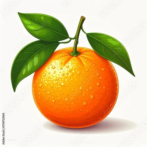 Fototapeta A vibrant digital illustration of a fresh, juicy orange with green leaves and sparkling water droplets, isolated on a clean white background