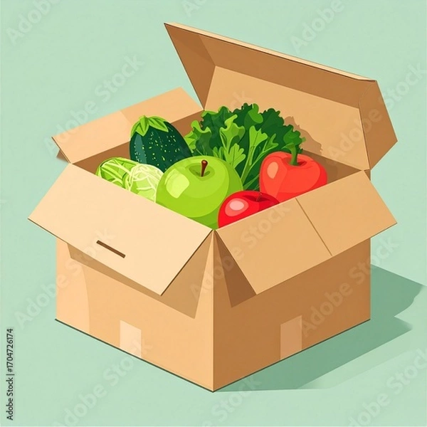 Fototapeta A fresh grocery delivery box brimming with a vibrant assortment of organic fruits and vegetables, illustrating a healthy eating and farm-to-table concept