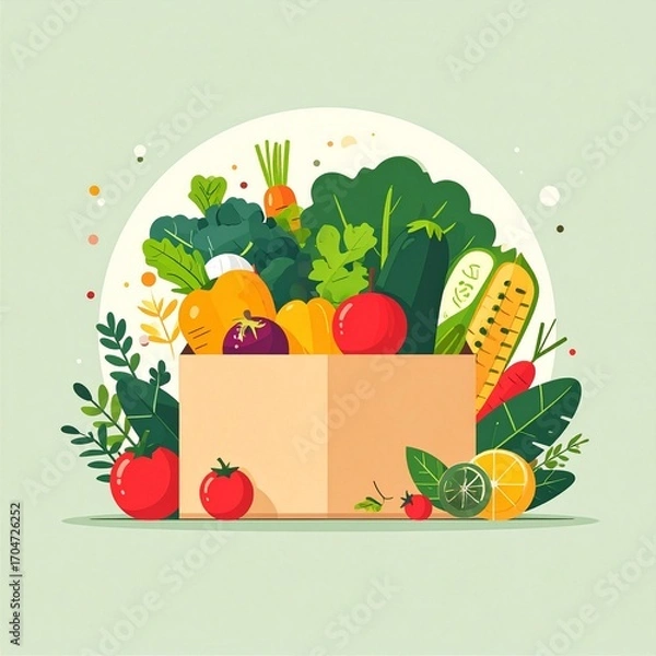 Fototapeta A vibrant flat design illustration of a fresh harvest box overflowing with colorful organic vegetables and wholesome fruits