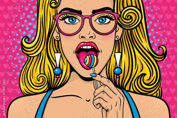 Fototapeta Wow kobiecej twarzy. Zbliżenie sexy młoda kobieta w okularach z długimi blond włosami, otwarte usta, jasny lizak w dłoni. Kolorowe tło wektor w retro komiks stylu pop art. Plakat sklepu ze słodyczami.