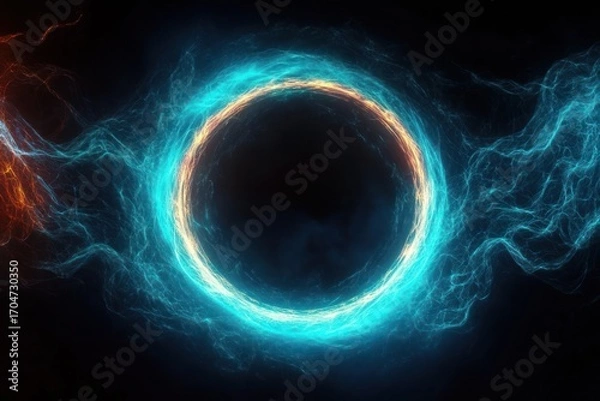 Fototapeta A glowing ring of blue and orange electric energy pulses against a dark background, creating a dynamic and mysterious aura