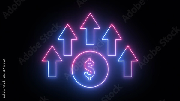 Obraz line of dollar sign with up arrow icon animation glowing neon blue color business money profit sign symbol on black background