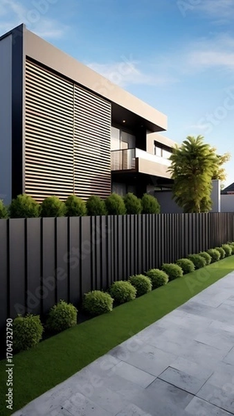 Fototapeta Modern architectural design home showcases stylish exterior with geometric details and pristine