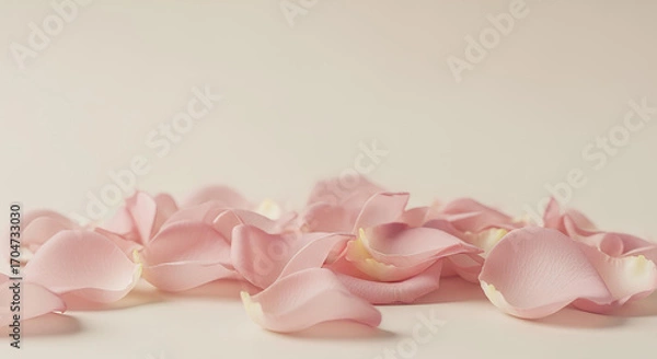 Fototapeta Soft pink rose petals scattered on a light background, delicate floral composition with romantic atmosphere