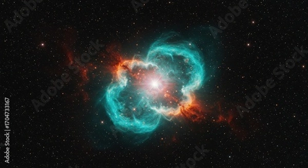 Fototapeta Celestial Dance: Turquoise and Red Nebula with Bright Star