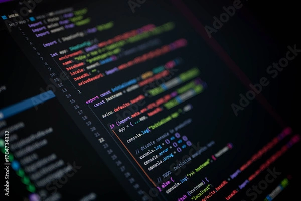 Obraz Close-up of colorful programming code on screen showing Vue configuration with axios.defaults and console debugging, symbolizing frontend development, software engineering, and digital technology.
