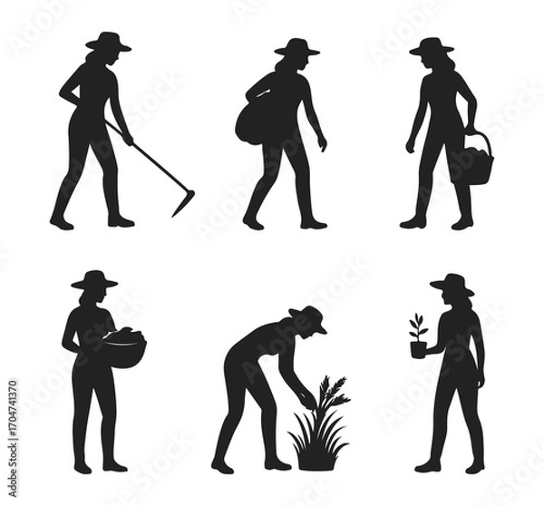 Obraz Silhouette set of women farmers working in fields, carrying baskets, planting, harvesting and gardening activities on white background for agriculture design.