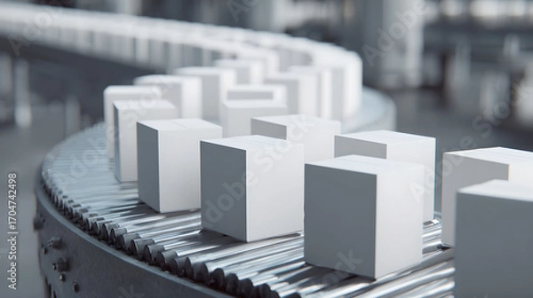 Fototapeta A conveyor belt with white, luxury packaging boxes aligned in rows.
