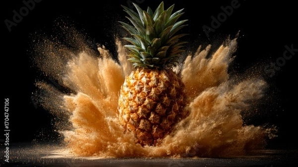 Fototapeta Pineapple exploding in a dust cloud