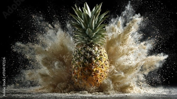 Fototapeta Pineapple explodes in a cloud of beige powder