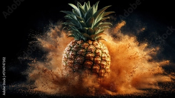 Fototapeta Pineapple exploding in a brown dust cloud