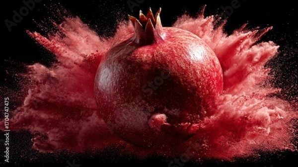 Fototapeta Pomegranate explodes in a flurry of red powder
