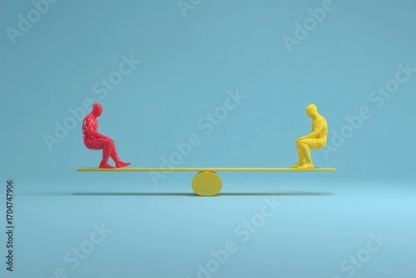 Fototapeta Two figures, red and yellow, balanced on a seesaw