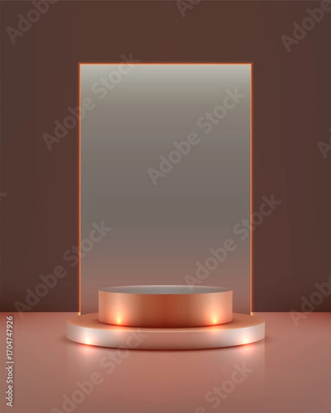 Fototapeta luxury modern 3d podium with rose gold stage and orange light backdrop for product display presentation mockup showroom showcase elegant minimal design background