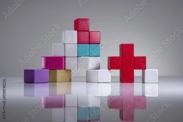 Fototapeta Colorful wooden blocks arranged in a plus sign shape, with a stepped structure in the foreground