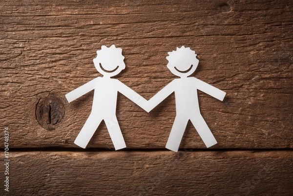 Fototapeta Two paper cutouts of men holding hands on a rustic wooden surface