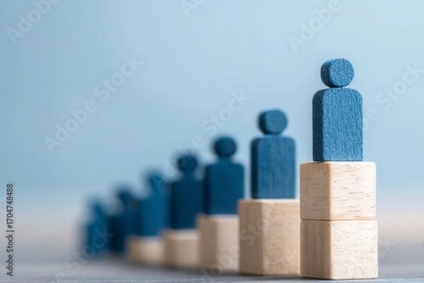 Fototapeta Wooden figures on tiered blocks, one standing higher