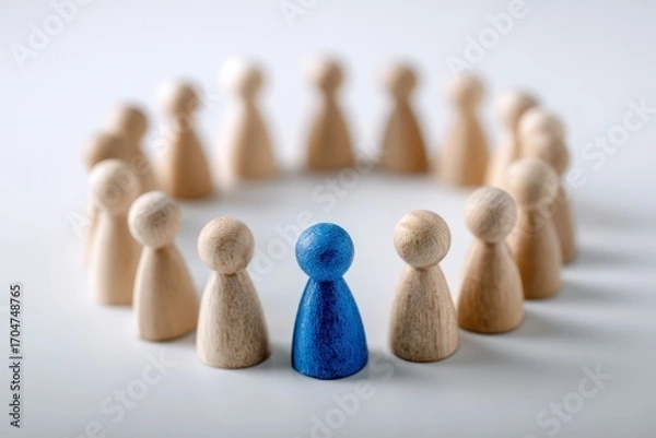 Fototapeta A single blue wooden figure at center of a circle of light beige figures