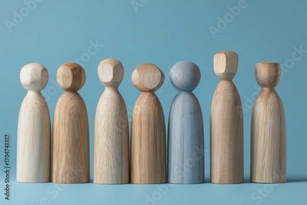 Fototapeta Wooden figures in a row, one subtly different